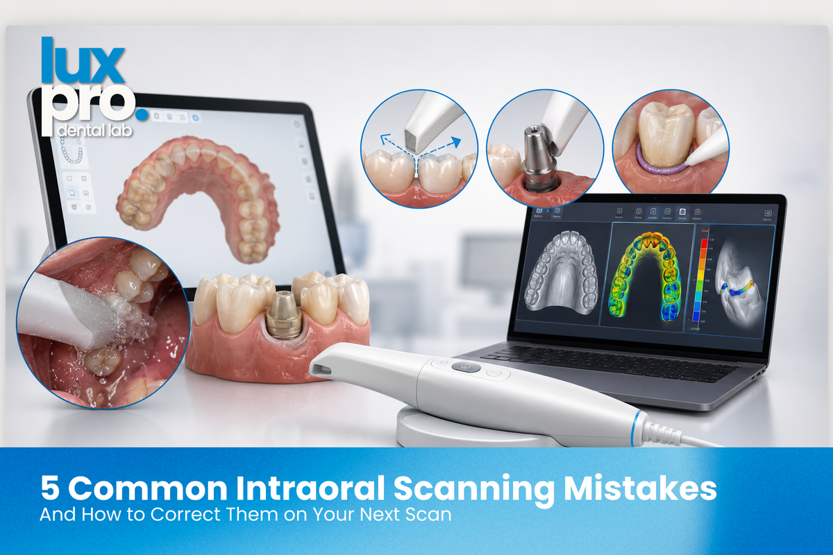 Intraoral scanner with digital dental models, CAD scan software, and clinical scanning technique illustrations on a clean, neutral background. 