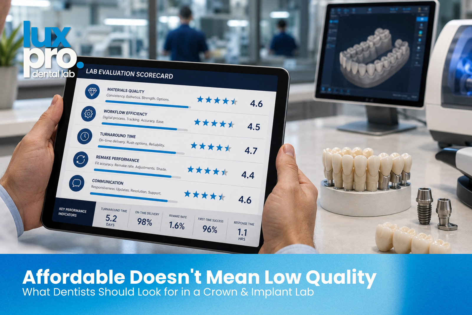 Dental lab evaluation scorecard comparing materials, digital workflow, turnaround time, remake rate, and communication.