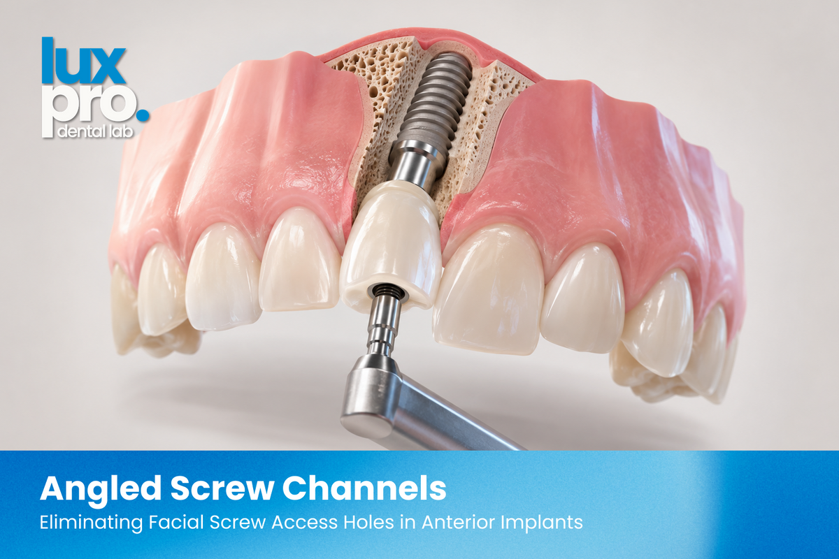 Realistic close-up of an anterior dental implant restoration on an upper-jaw model, showing the implant, prosthetic crown, and angled screw-access concept with a dental driver.