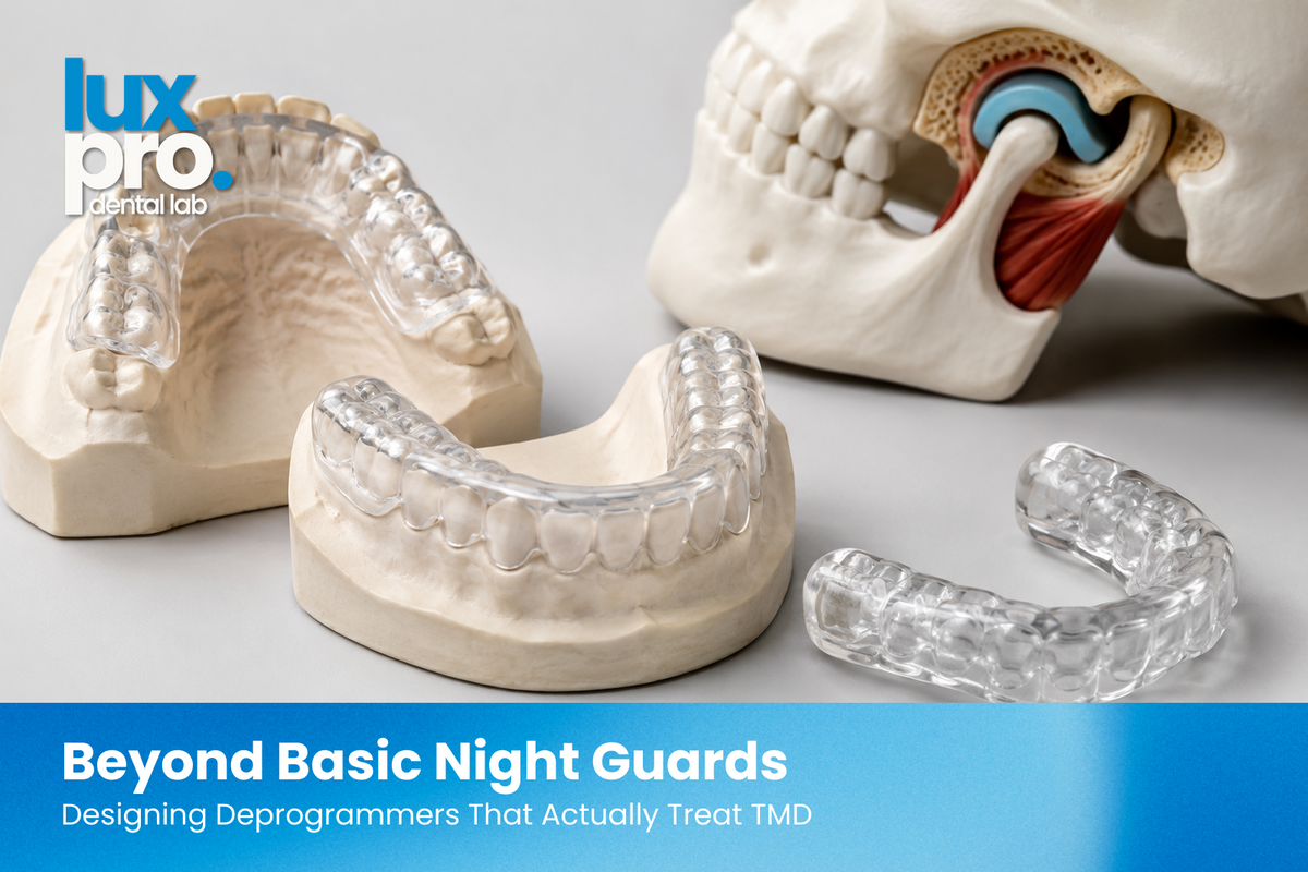Dental night guards and deprogrammers displayed on dental models alongside a TMJ anatomy model, illustrating advanced appliances designed to treat TMJ dysfunction. 