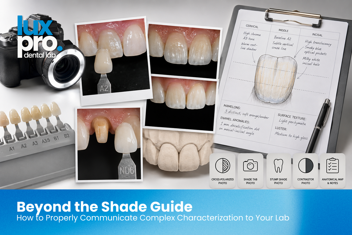 Dental shade-matching workflow with tooth photography, shade guides, and characterization mapping.