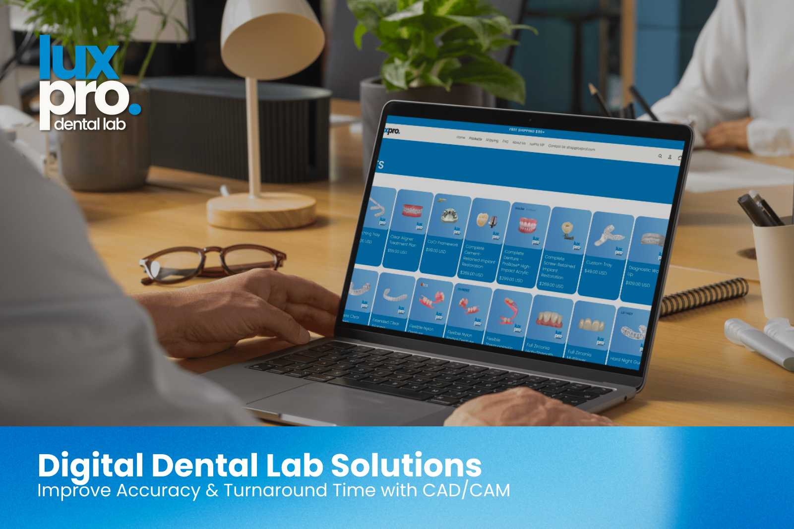 Dental professional reviewing a digital dental lab platform on a laptop, showcasing digital dental lab solutions for online case submission, order tracking, CAD/CAM workflows, crowns, implants, and restorations.
