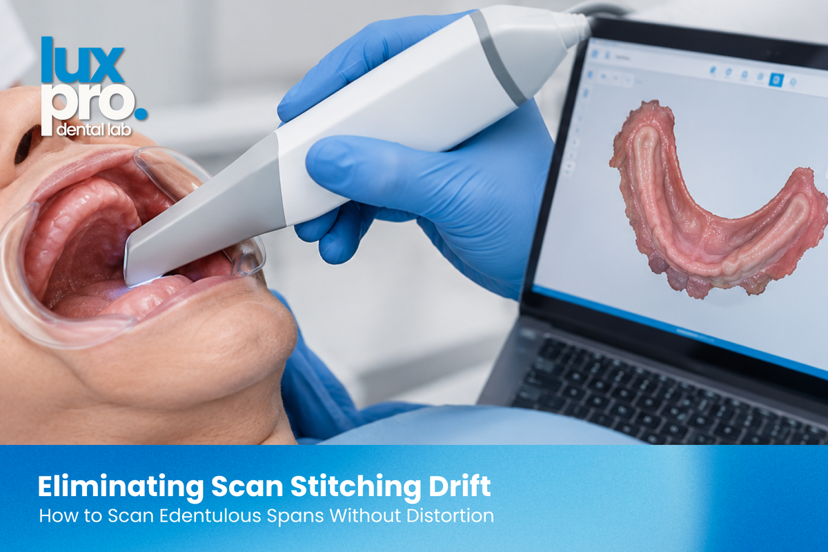 A dental professional using an intraoral scanner to capture an edentulous arch while a digital 3D model of the toothless arch is displayed on a nearby computer screen.