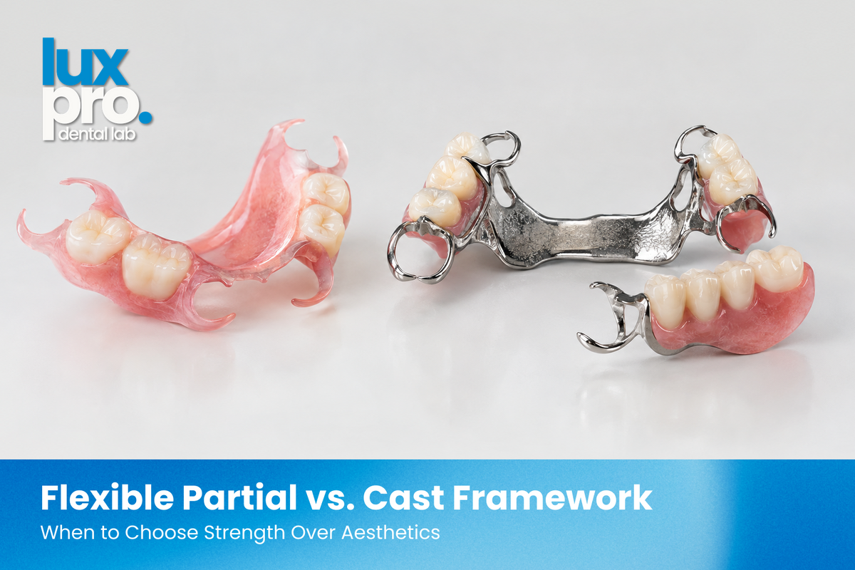 Flexible partial denture and cast metal framework displayed side by side, illustrating removable partial denture design options for balancing aesthetics, strength, and long-term function. 