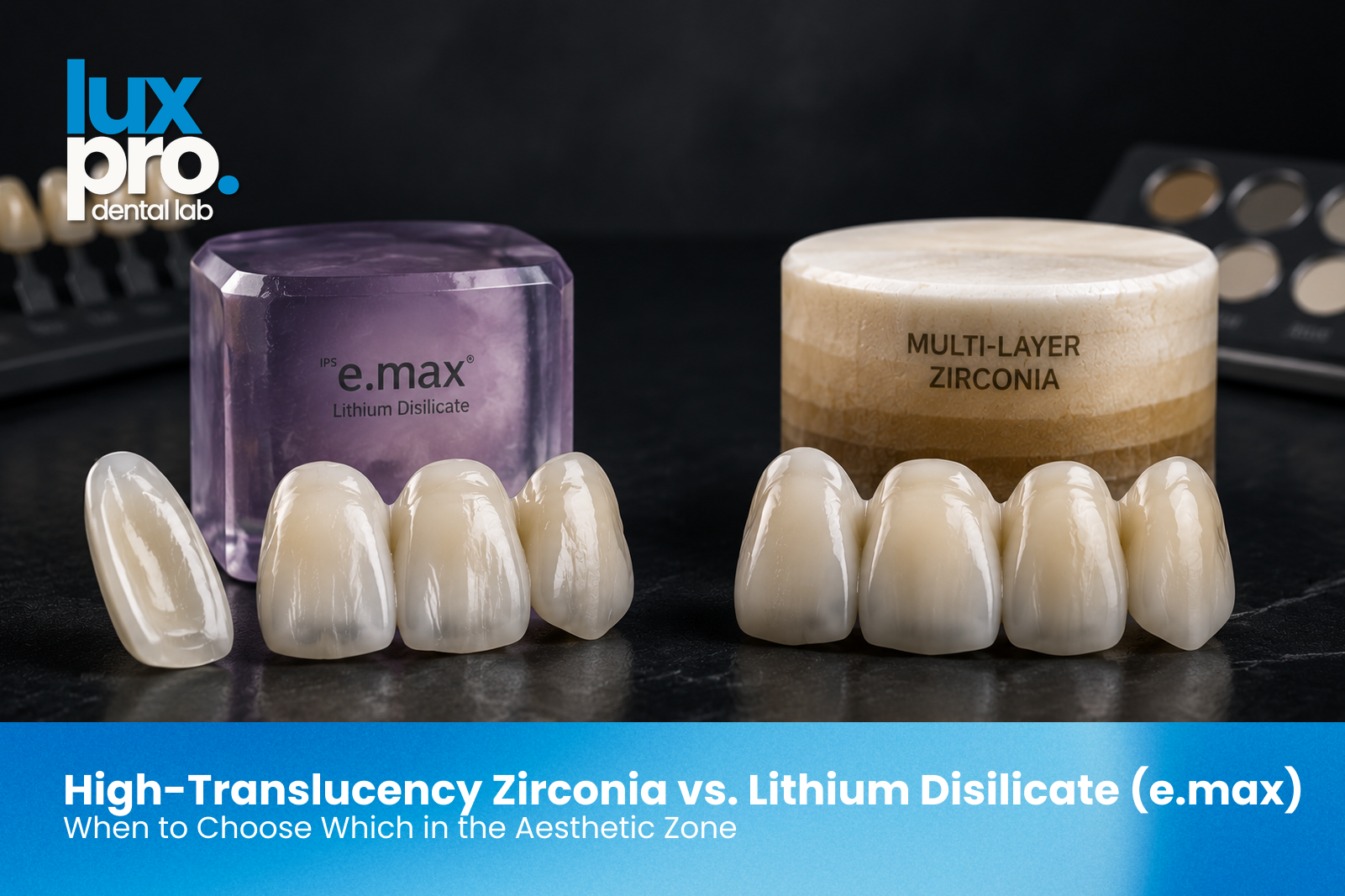 High-translucency zirconia and lithium disilicate dental restorations displayed side by side with ceramic blocks on a dark studio background.