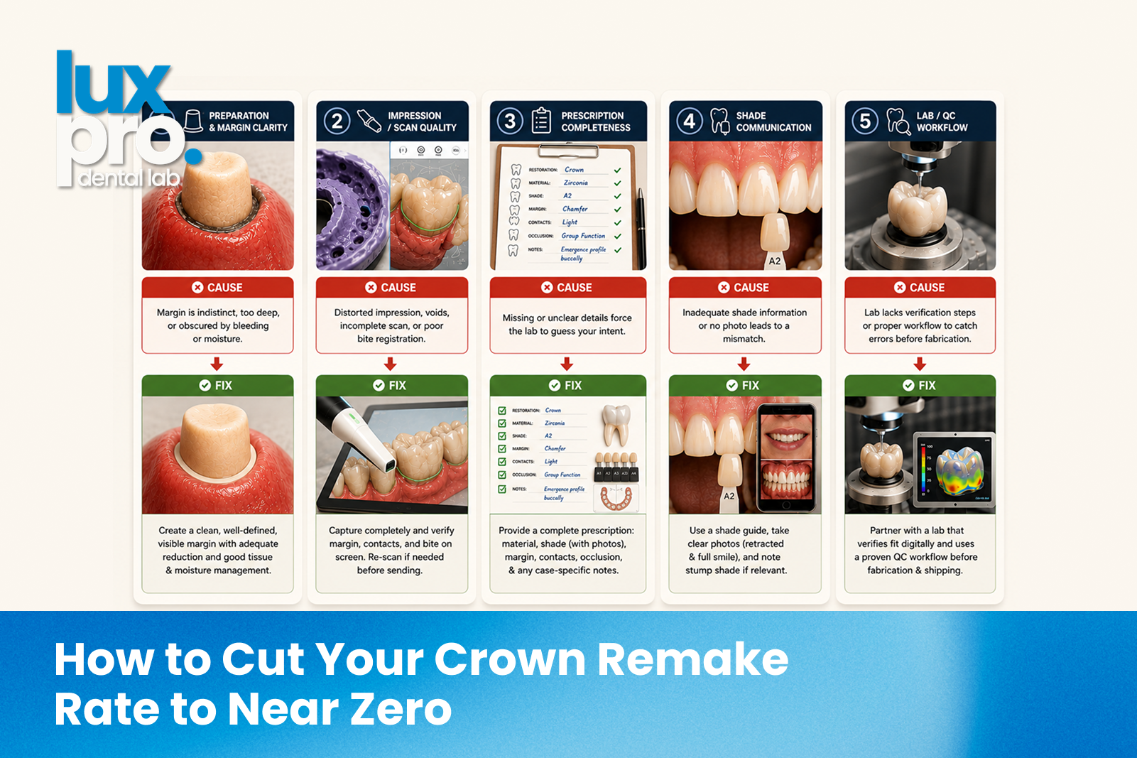 The five root causes of crown remakes — preparation, impression or scan, prescription, shade, and lab quality — each paired with its fix