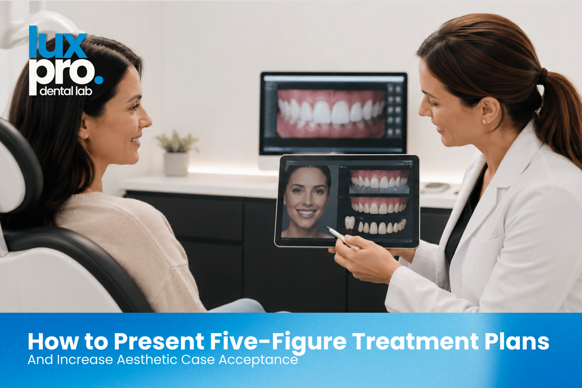 Dentist presenting aesthetic treatment options to a patient using digital dental images during a consultation.
