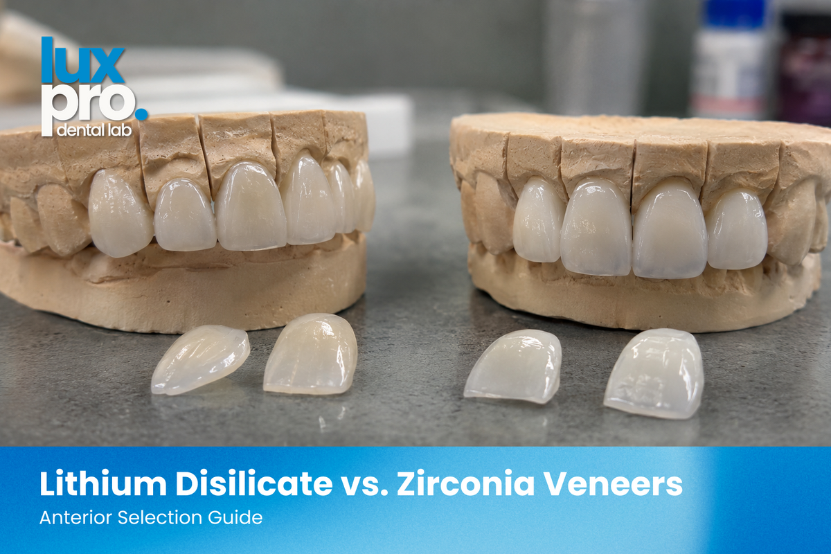 Realistic dental laboratory scene featuring upper anterior tooth models with natural-looking veneer restorations and individual ceramic veneers displayed on a clinical work surface.