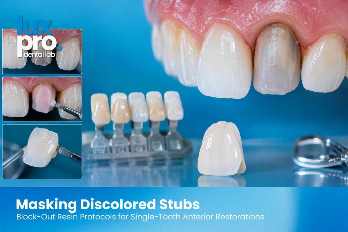 Close-up of an anterior dental restoration masking a severely discolored tooth, with ceramic shade tabs, a prepared tooth, and laboratory crown layering tools against a blue clinical background.