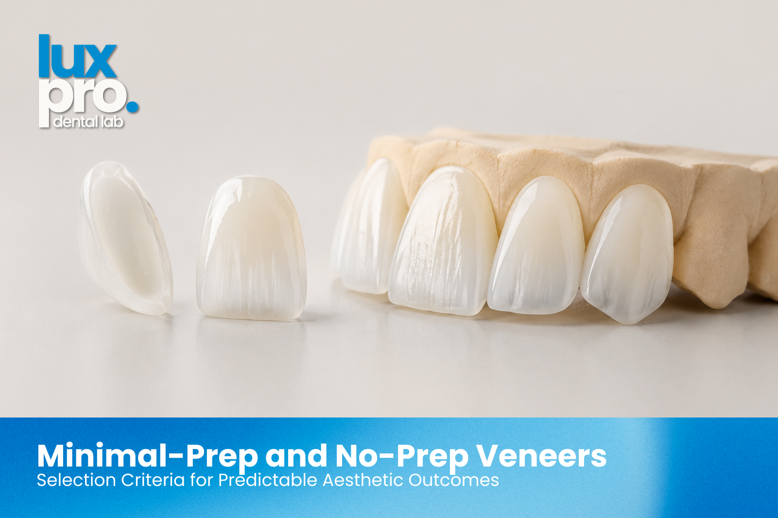 Minimal-prep and no-prep dental veneers displayed on a dental model, highlighting thin porcelain restorations and aesthetic smile design. 