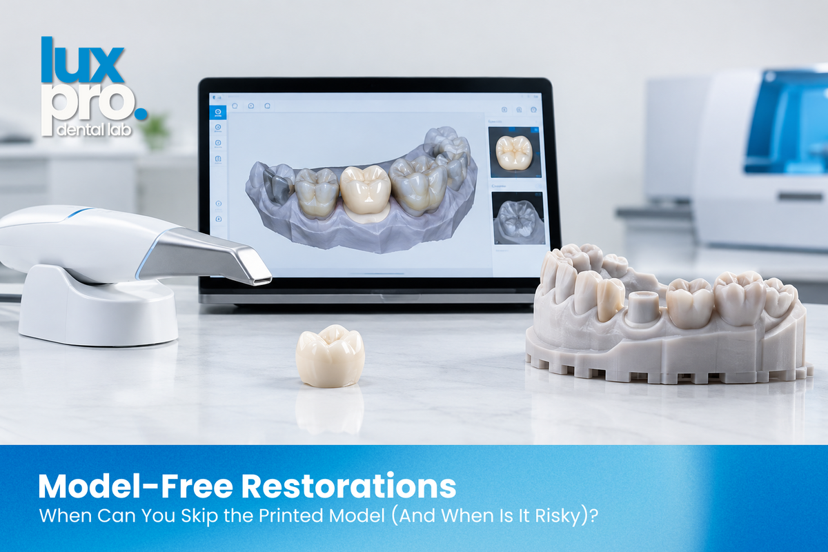 Digital dentistry workflow featuring an intraoral scanner, CAD/CAM crown design on a laptop, ceramic crown, and 3D-printed dental model in a modern dental laboratory.