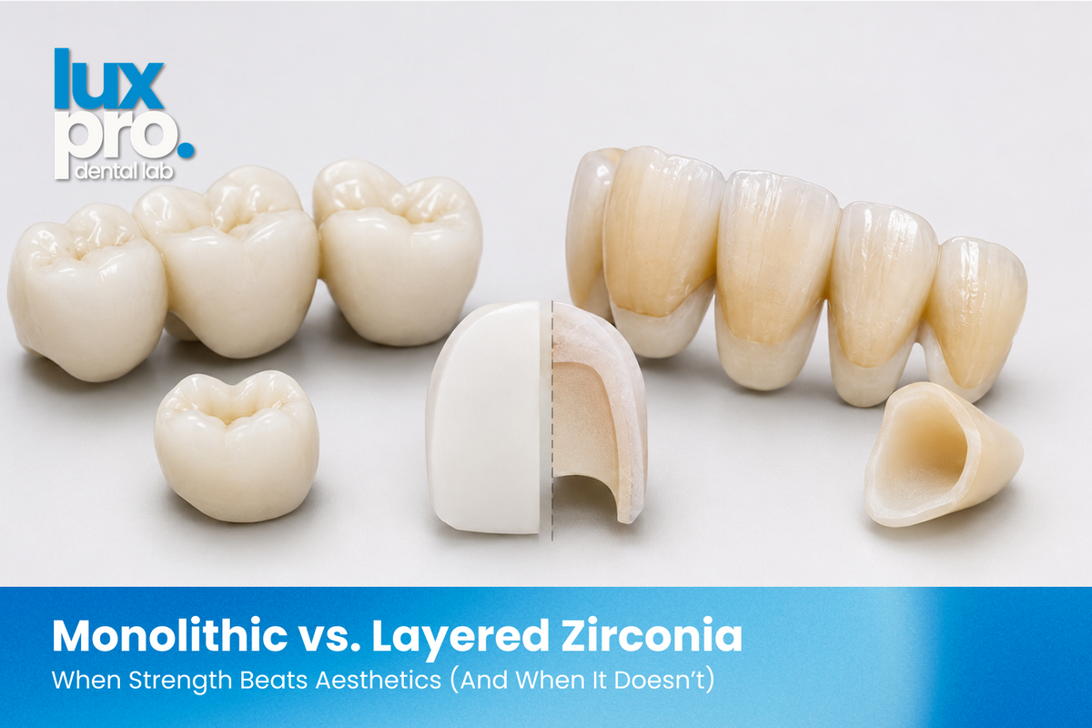 Dental crowns and bridge restorations arranged on a neutral background, showing differences between monolithic and layered zirconia designs.