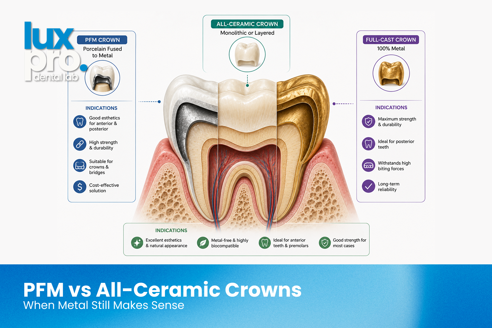 Cross-section comparison of PFM, all-ceramic, and full-cast crowns showing structure and typical indications.