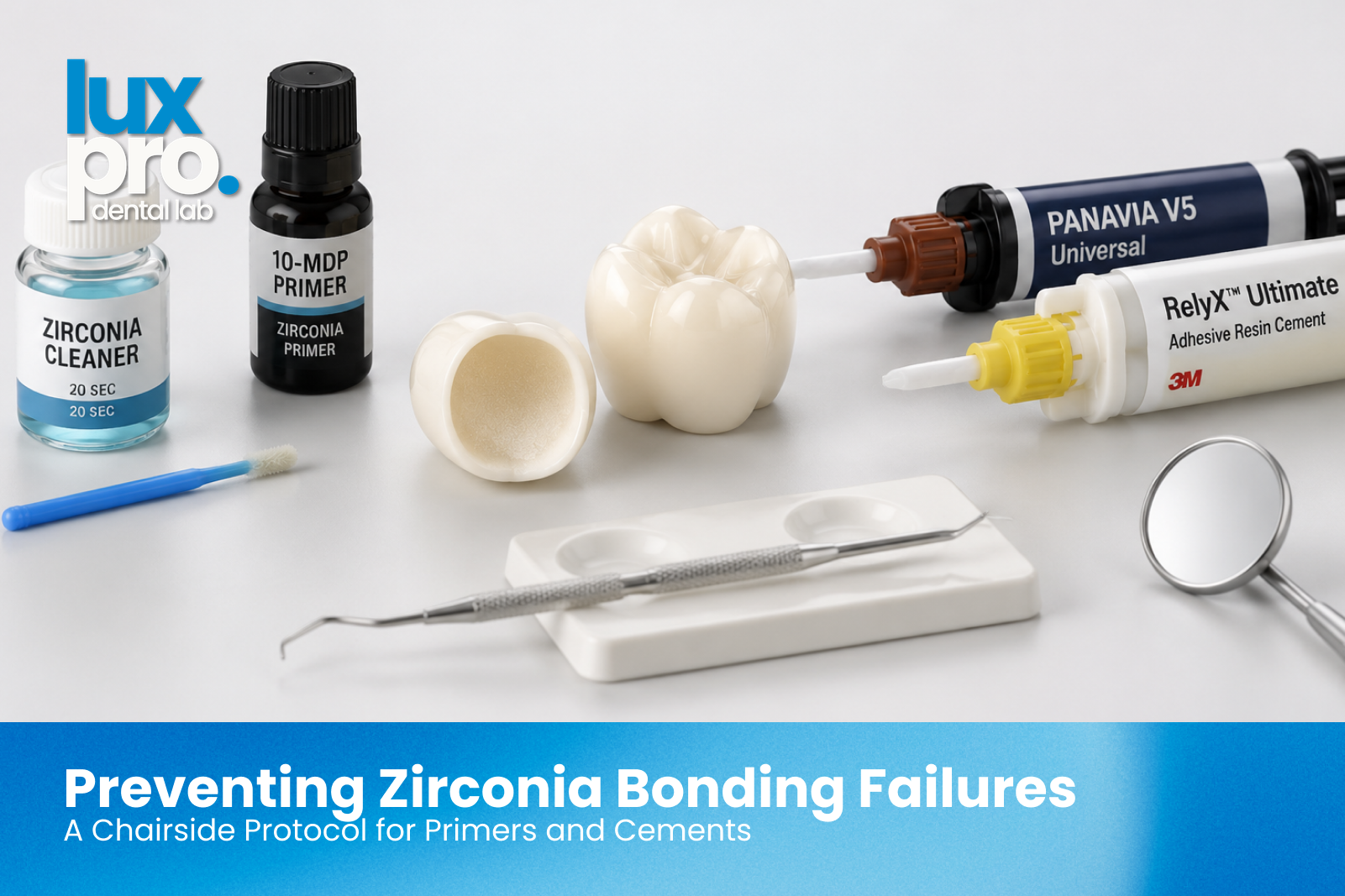 Zirconia bonding protocol setup featuring a zirconia crown, 10-MDP primer, cleaning solution, resin cements, and dental instruments on a neutral background. 