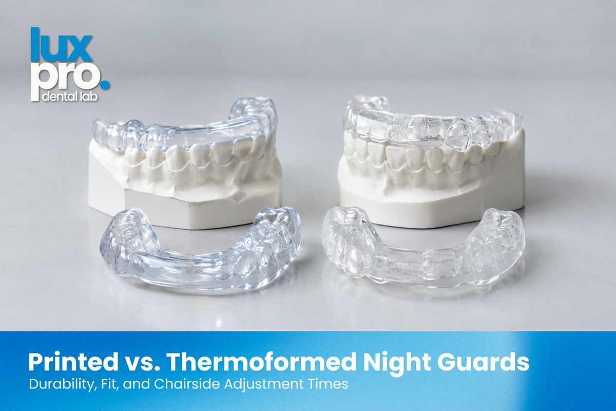3D printed and thermoformed night guards displayed on dental models for comparing fit, durability, and precision.