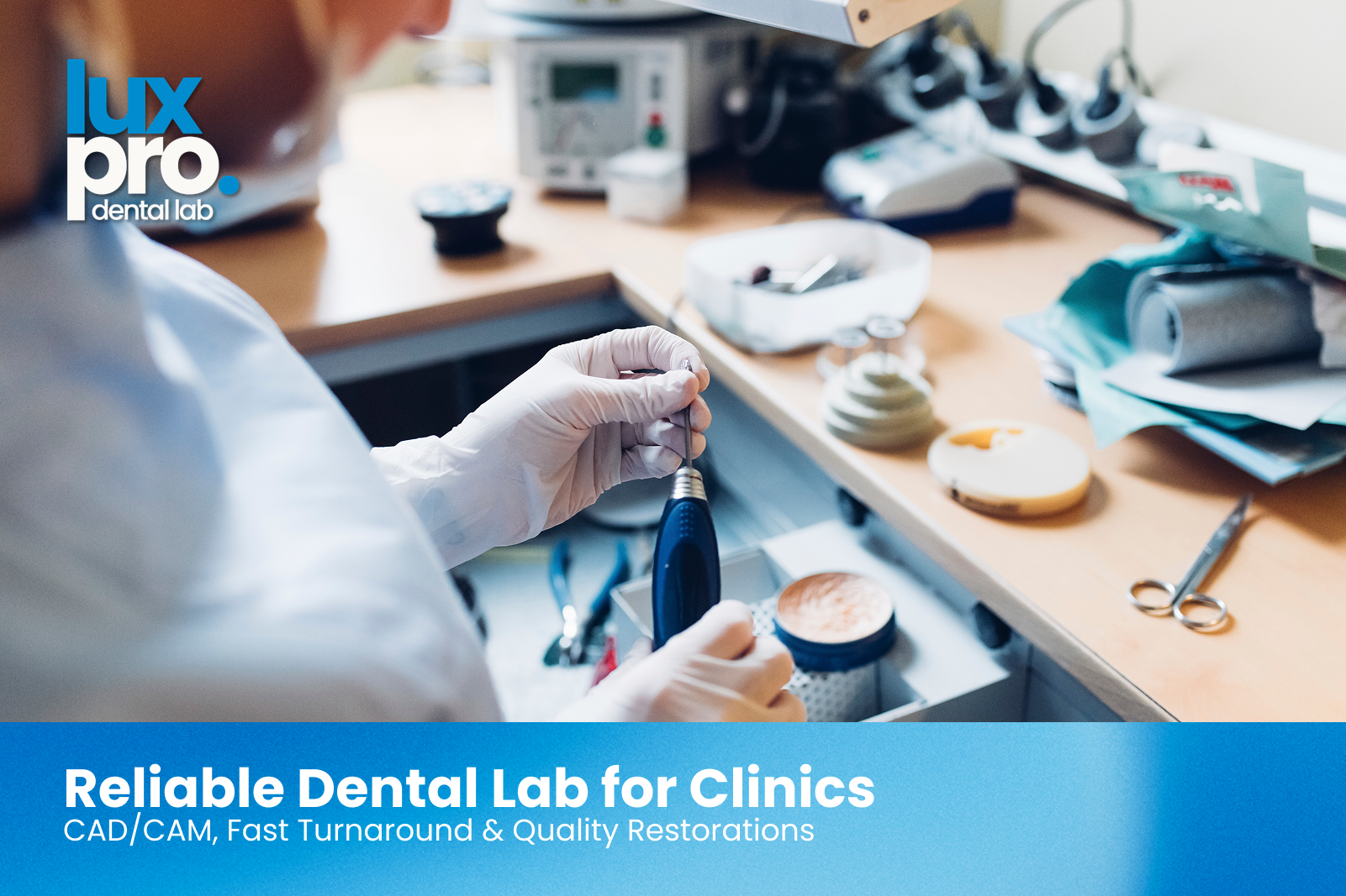 Dental technician fabricating a custom dental restoration in a modern laboratory, representing reliable dental lab services for clinics, including crowns, implants, dentures, and restorative dentistry solutions.