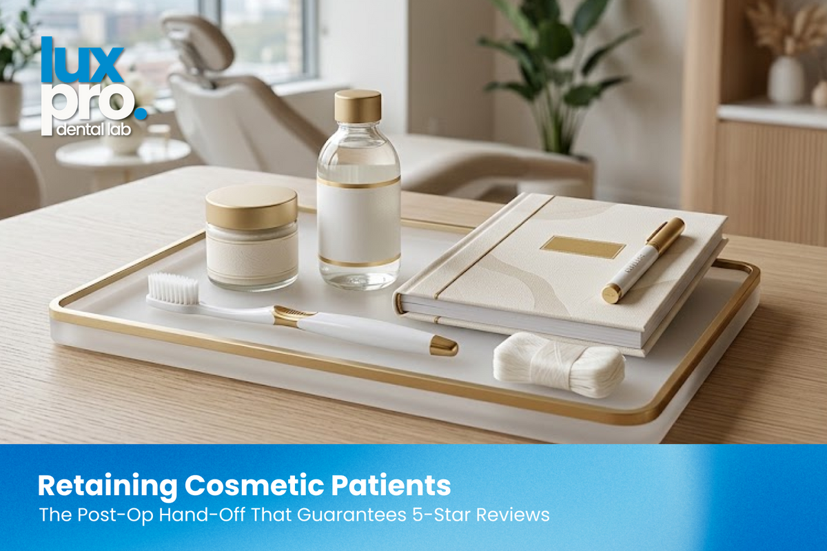 A luxury, high-end post-op dental care kit containing an ultra-soft toothbrush, premium oral hygiene products, and an elegant branded maintenance guide arranged on a tray inside a modern, warm cosmetic dental suite. 