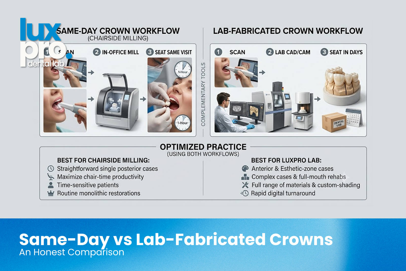 Same-day chairside crown workflow compared to a lab-fabricated crown workflow, with the case types each best serves