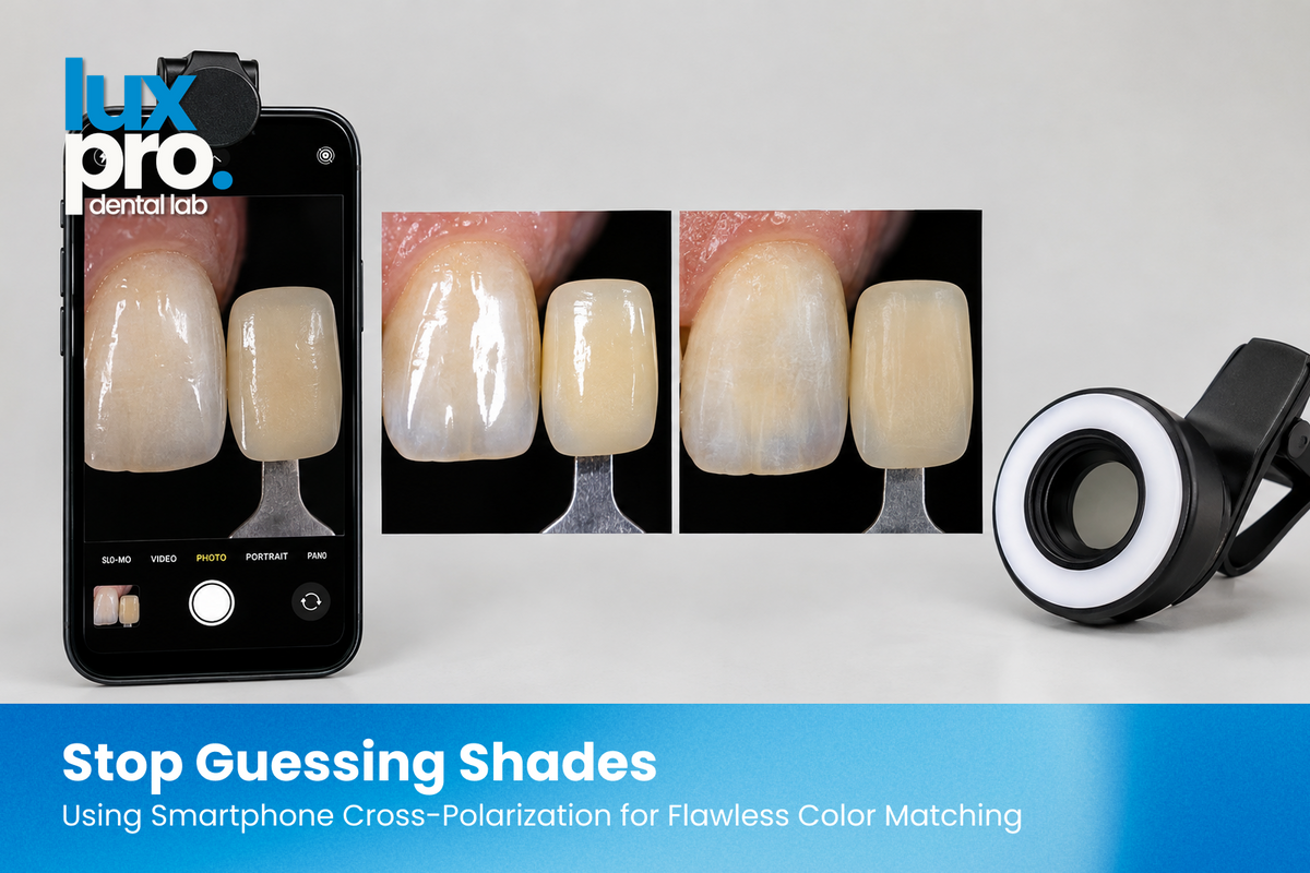 Smartphone with a cross-polarization attachment photographing a natural tooth beside a dental shade tab, illustrating glare-free shade matching and accurate color analysis.