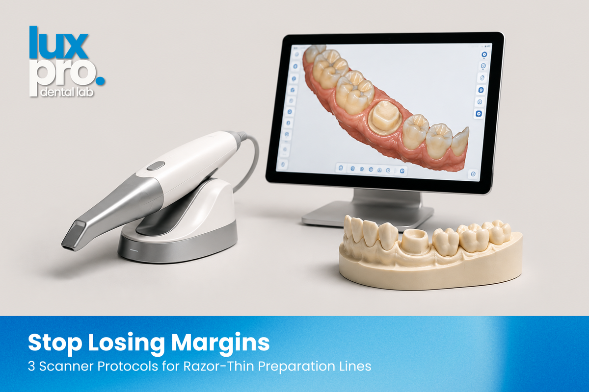 Studio photograph of an intraoral dental scanner beside a digital dental scan monitor and a dental model featuring a prepared tooth, set against a clean neutral background.