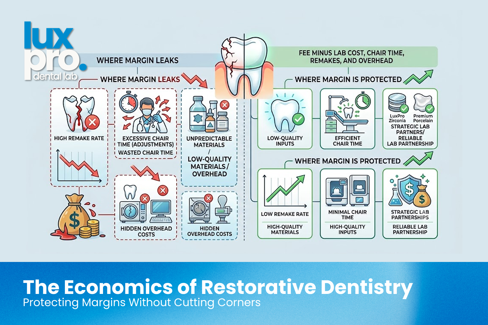 The true margin of a restorative dental case showing fee minus lab cost, chair time, remakes, and overhead, and where margin leaks