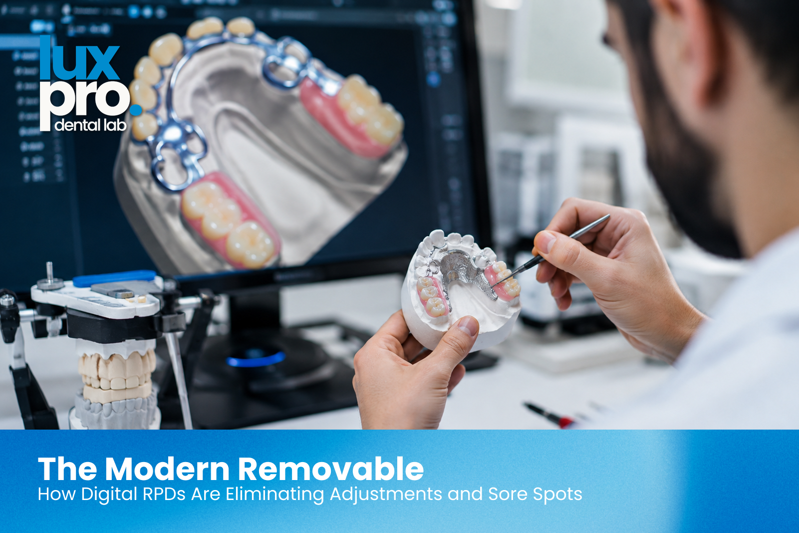 Dental technician evaluating a digitally designed removable partial denture (RPD) against a 3D CAD model on-screen, showcasing the precision and fit of modern CAD/CAM removable prosthetics.