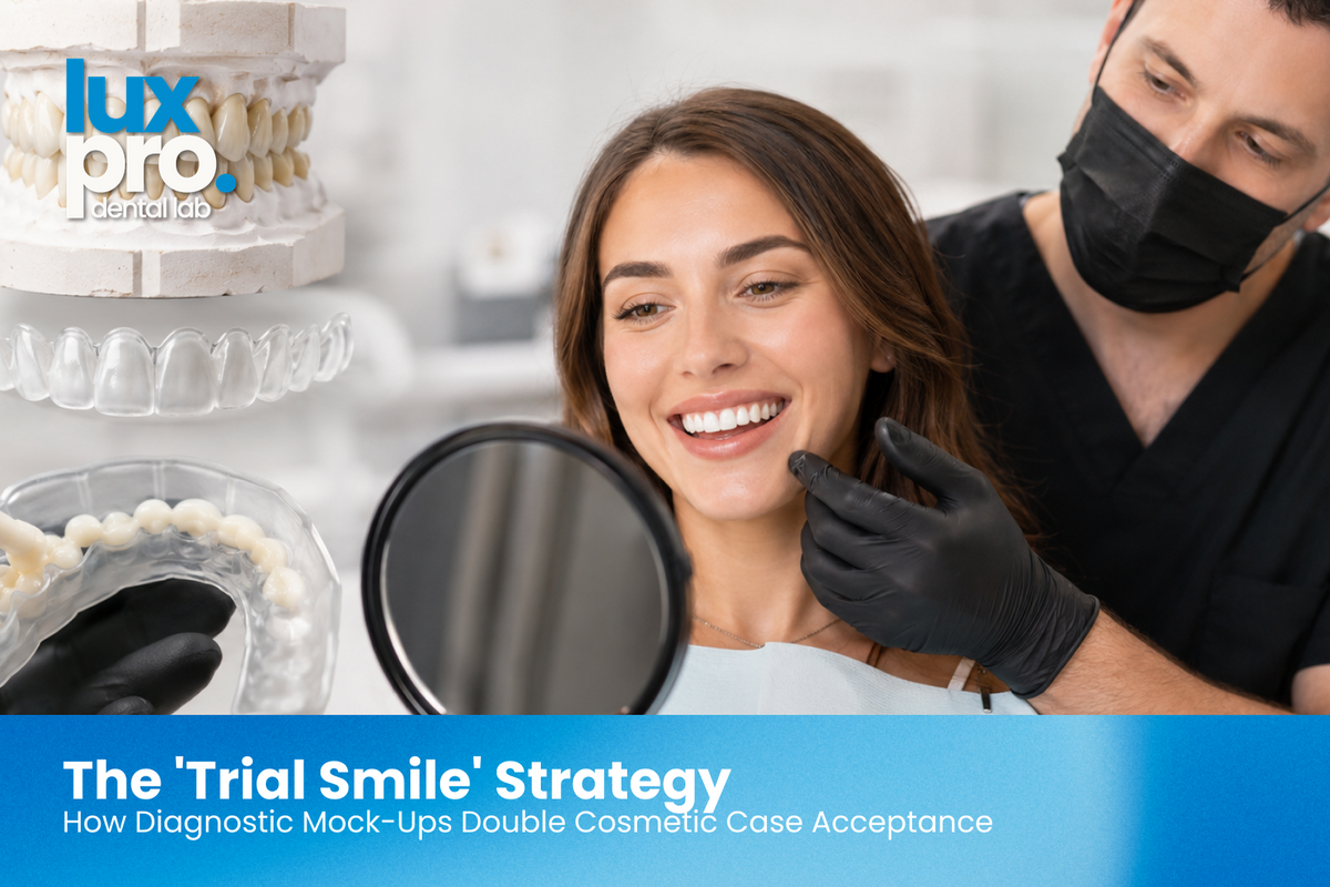 Cosmetic dental patient evaluating a trial smile in a modern dental clinic, with a dentist, dental model, clear silicone matrix, and provisional restoration materials visible in a clean neutral setting. 