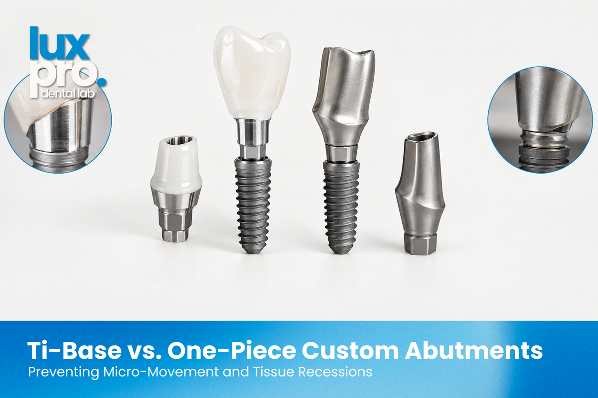 Photorealistic comparison of Ti-Base hybrid and one-piece custom titanium dental implant abutments, showing implant components and detailed views of the implant-abutment interfaces on a clean neutral background.