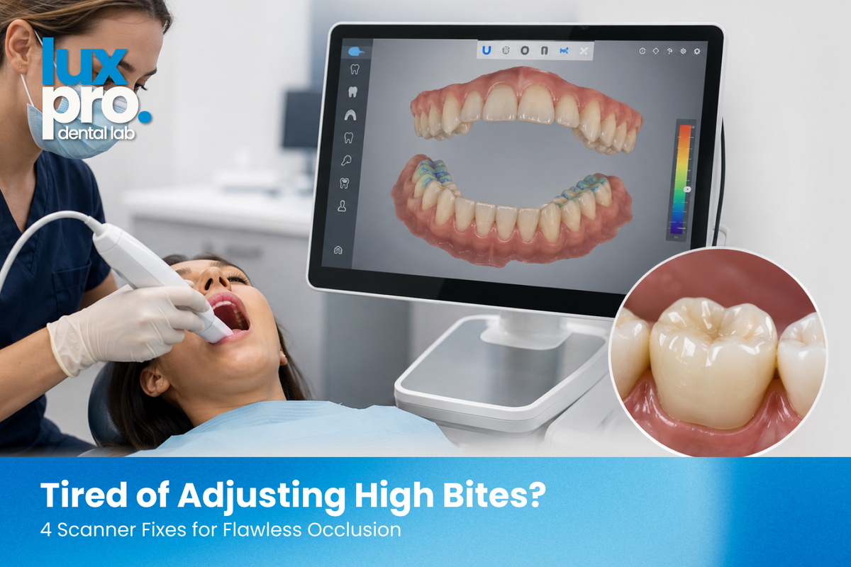 Dentist using an intraoral scanner while a digital occlusion model displays 3D dental arches with bite-contact mapping, alongside a close-up of a precision-fitted posterior crown.