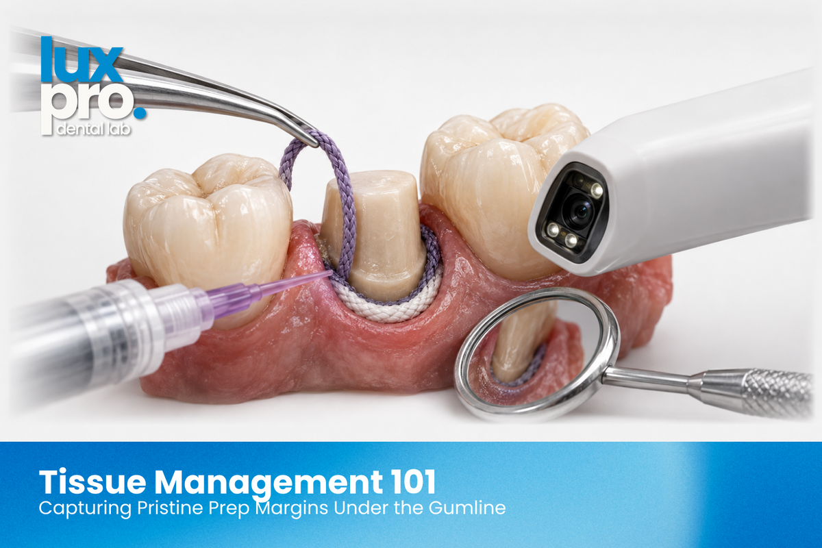 Close-up clinical illustration of a prepared tooth with subgingival margins exposed using braided retraction cords, while dental forceps, an intraoral scanner, and mirror surround the treatment area on a clean neutral background. 