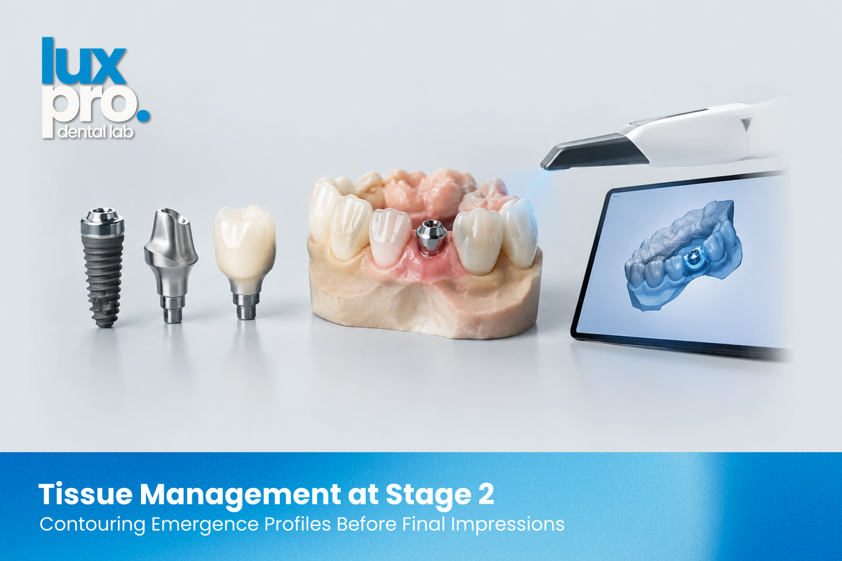 A clinical dental implant workflow showing implant components, a custom emergence profile healing abutment, gingival tissue contours, and digital intraoral scanning for precise soft tissue management.