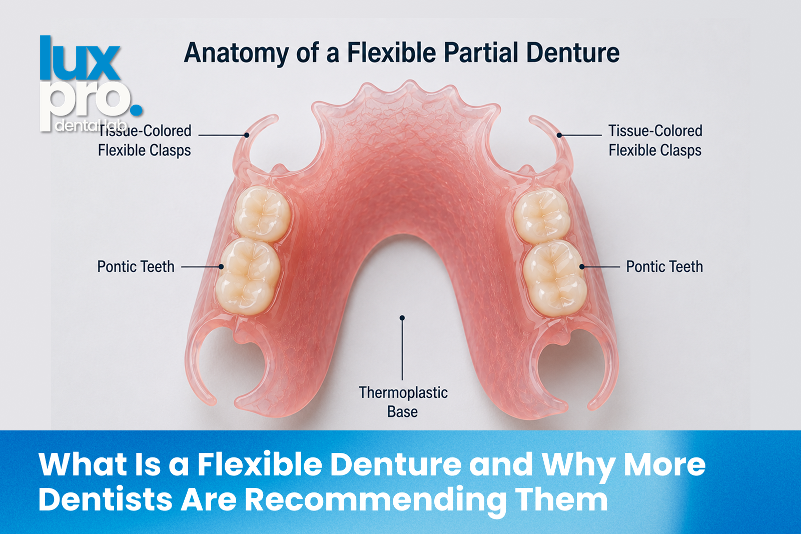 Anatomy of a flexible partial denture showing the thermoplastic base, tissue-colored flexible clasps, and replacement teeth.
