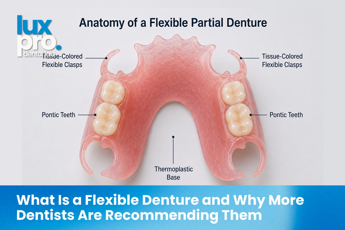 Anatomy of a flexible partial denture showing the thermoplastic base, tissue-colored flexible clasps, and replacement teeth.