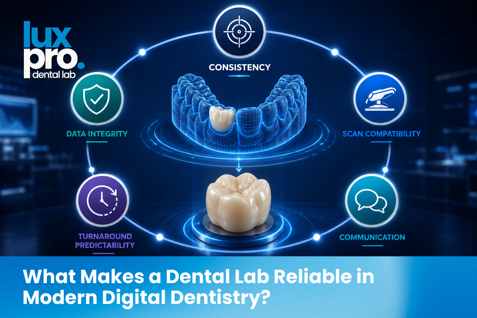 The pillars of dental lab reliability in digital dentistry: consistency, data integrity, scan compatibility, predictable turnaround, and communication.