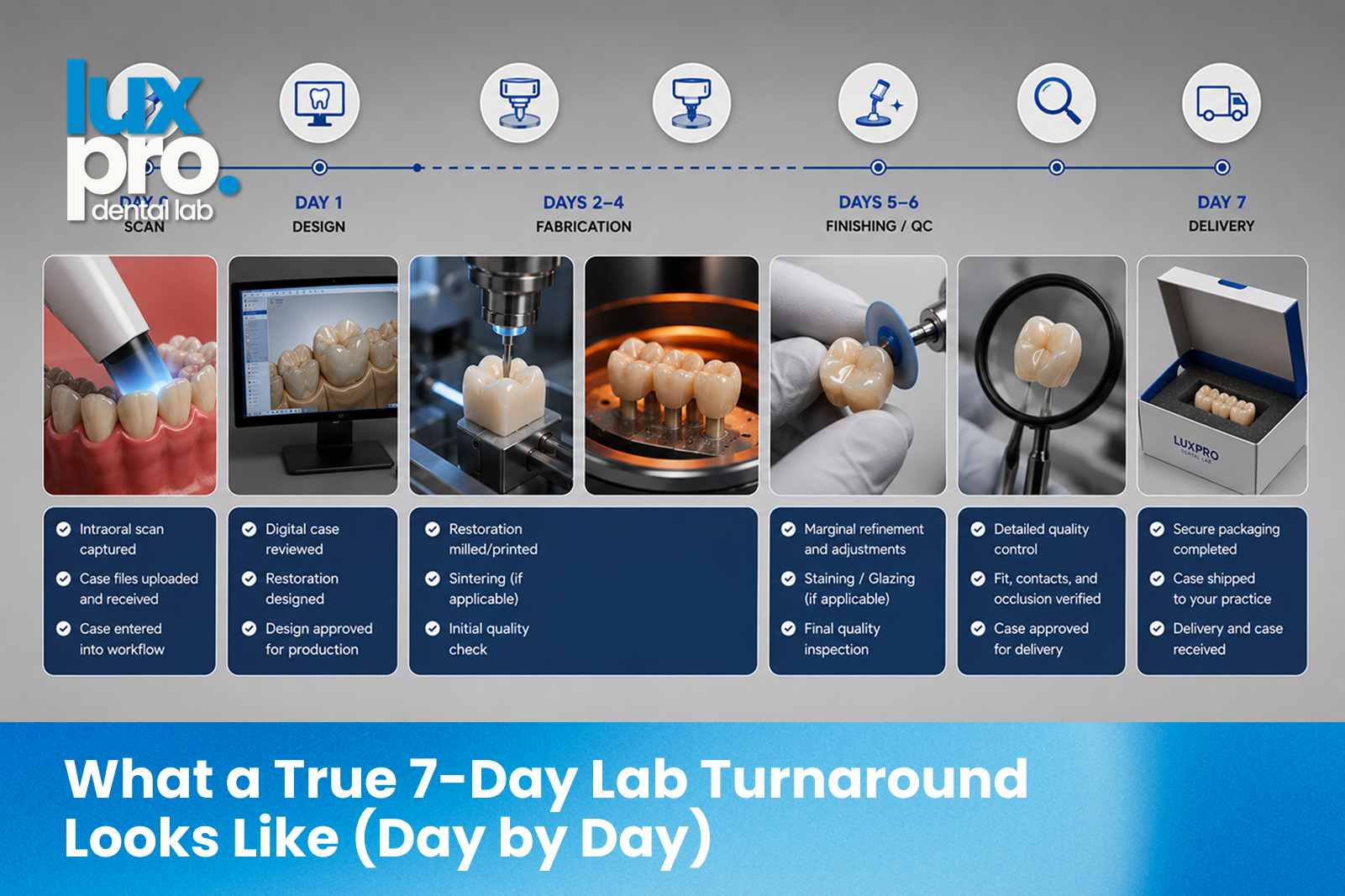 A 7-day dental lab turnaround timeline showing scan, design, fabrication, finishing, quality control, and delivery day by day.