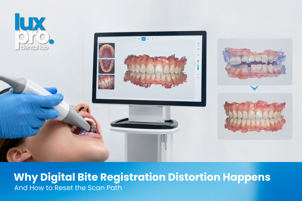 Intraoral scanner capturing a full-arch dental scan with 3D digital models showing bite alignment and scan-path correction in a modern dental clinical setting.