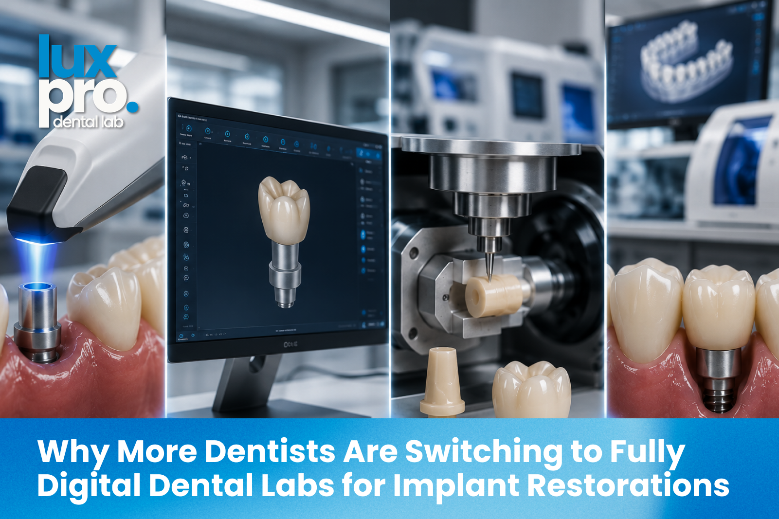 Digital implant restoration workflow from intraoral scan body through CAD design, milled custom abutment, and verified seat.